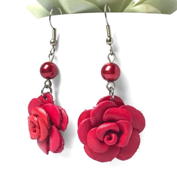 Jewelry Genuine Leather Handmade Red Rose Dangle Earrings Poshmark